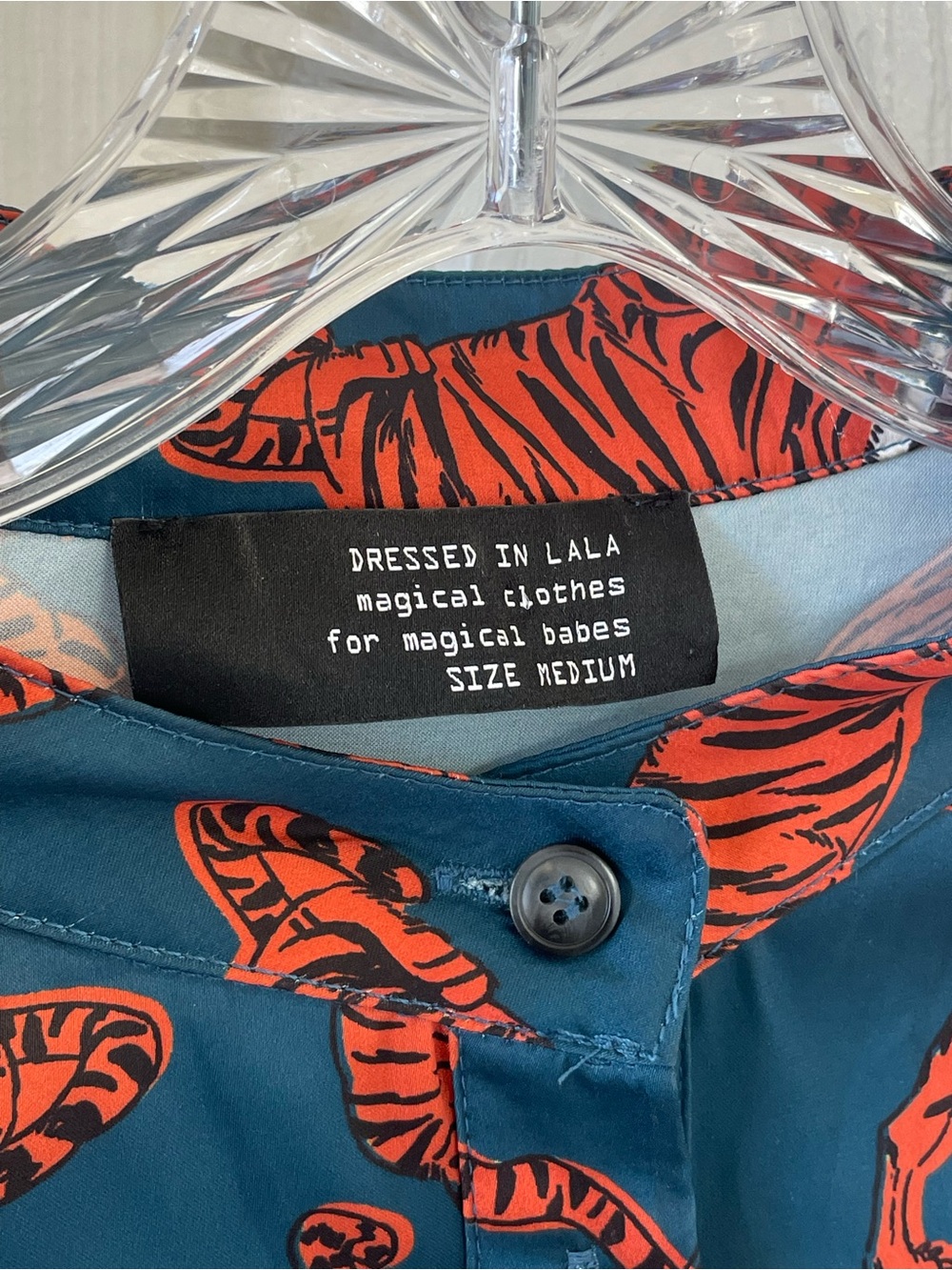 Dressed in LALA Tiger Tales Satin Oversized Button Down Shirt Teal Size Medium - Picture 5 of 16
